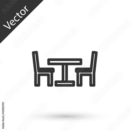 Grey line Wooden table with chair icon isolated on white background. Street cafe. Vector