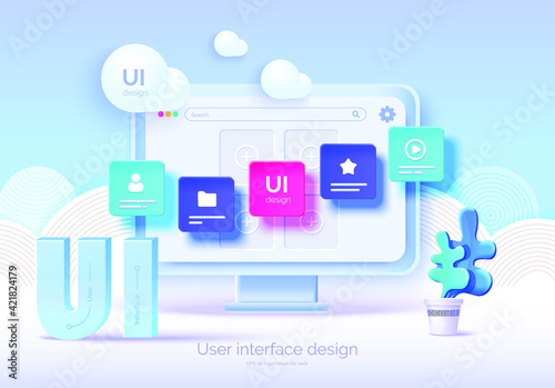 Mockup 3D monitor with user interface elements for web design Software creator. User interface, user experience design. A set of tools for creating UI UX. Web development. Vector illustration 3D style