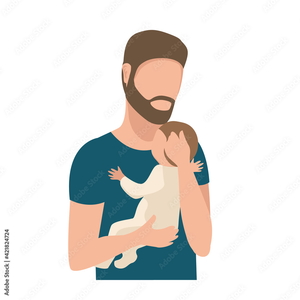 Vector illustration of a dad gently and caringly hugging his little child on a white background. Father's day, loving parents, happy childhood.