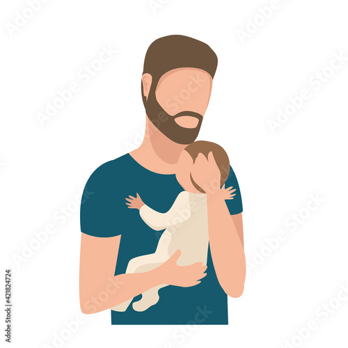 Vector illustration of a dad gently and caringly hugging his little child on a white background. Father's day, loving parents, happy childhood.
