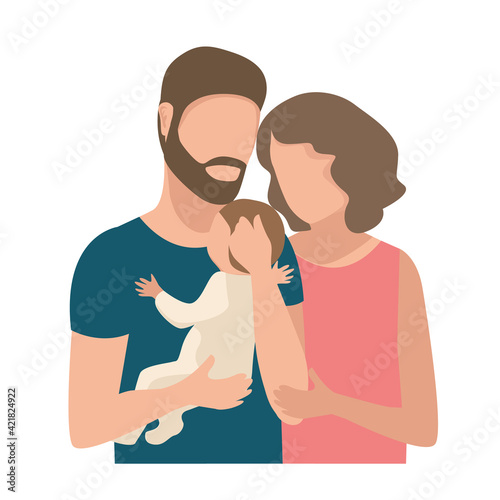 Vector illustration of a family couple tenderly and caringly hugging their little child on a white background. Family day, loving parents, happy childhood.