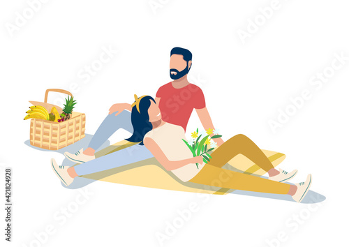 Vector illustration of a happy couple on a picnic lie on a blanket next to a basket with products on a white background. A young girl and a young man have a happy and fun rest together.