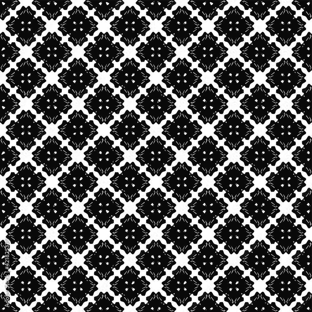 Black and white pattern texture. Bw ornamental graphic design. Mosaic ornaments. Pattern template. Vector illustration.