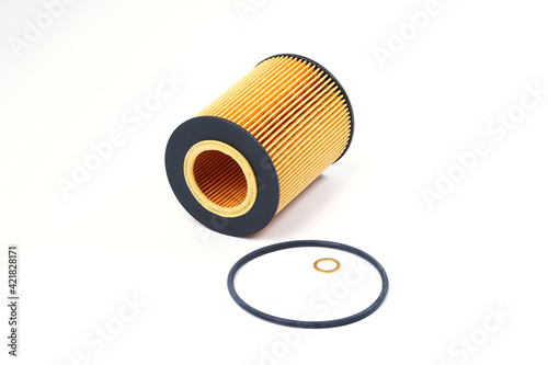 The oil filter lies with a sealing ring on a white background. Replacement filter cartridge for cleaning oil of the car with gasket.