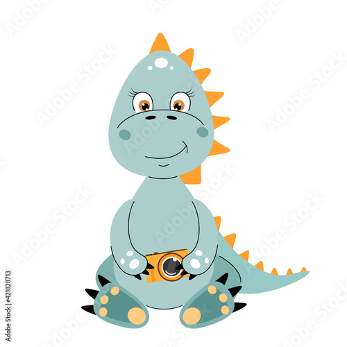 Cute dinosaur sitting with camera in hands. Vector illustration.