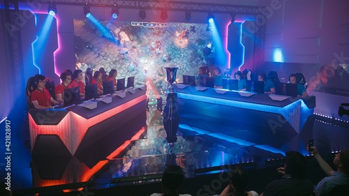 Two Esport Teams of Pro Gamers Play in RPG Strategy Video Game on a Championship Arena with Big Screen Showing Mock-up Gameplay. Cyber Games Tournament Event with Competing Players, Spectators Cheer photo