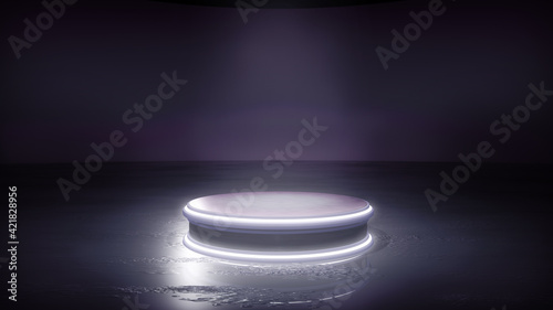 An industrial dark photoshoot backdrop, with a highlighted podium to promote your products. A 3D illustration background photo
