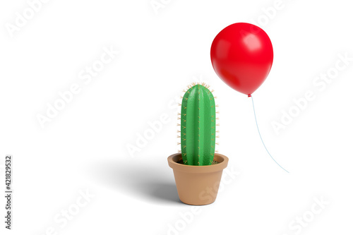 Red balloon dangerously close to the thorns of a cactus. 3d illustration.