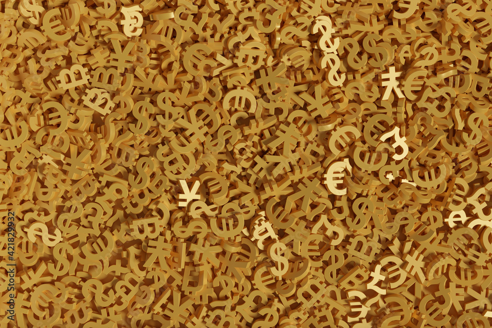 Golden signs of world currencies in three dimensions background. 3d illustration. Golden signs of world currencies in three dimensions background. 3d illustration.