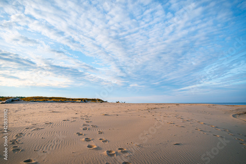 Footprints in the sand with a blue sky and white clouds in the background. Coastline of the Baltic Sea near Carnikava  Latvia