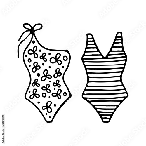 Two styles of stylish swimwear for women with floral and striped prints. Vector illustration hand drawn in outline style doodle. Summer illustration for design, print, postcard, poster, sticker.