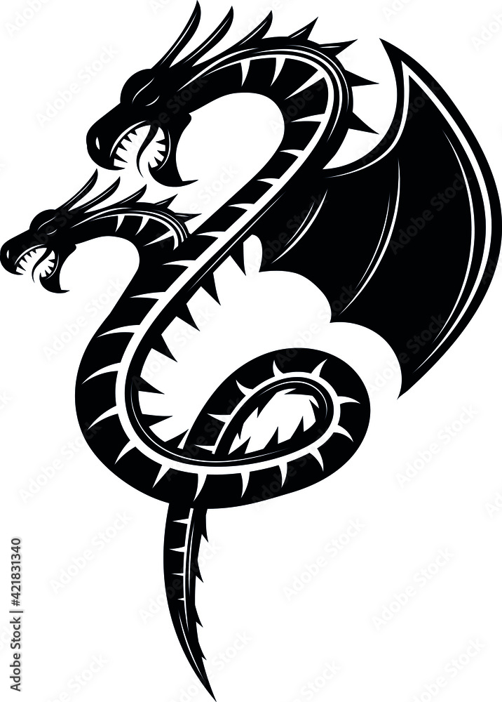 Fototapeta premium tattoo. black dragon with two heads. wings. black and white. dinosaur. logo. abstract