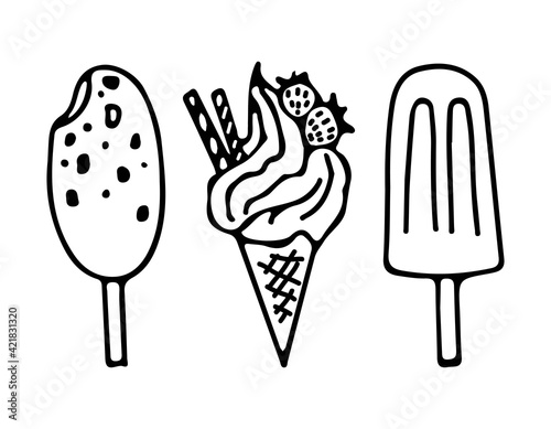 Set. Ice cream in a waffle cone with strawberries. And two popsicle ice cream on a stick. Drawn in doodle style with contour on a white background. Vector illustration.