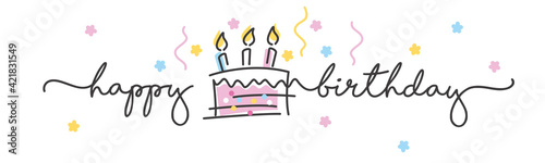 Happy Birthday handwritten typography lettering line design colorful big cake with candles and confetti spring white greeting card sticker label