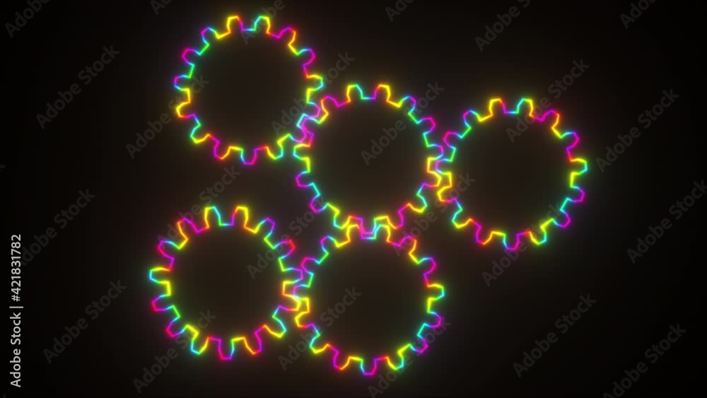 Computer generated neon gears are turning slowly on dark background. 3d rendering of mechanism in motion. Industrial construction. Computer generated neon gears are turning slowly on dark background. 3d rendering of mechanism in motion. Industrial construction.