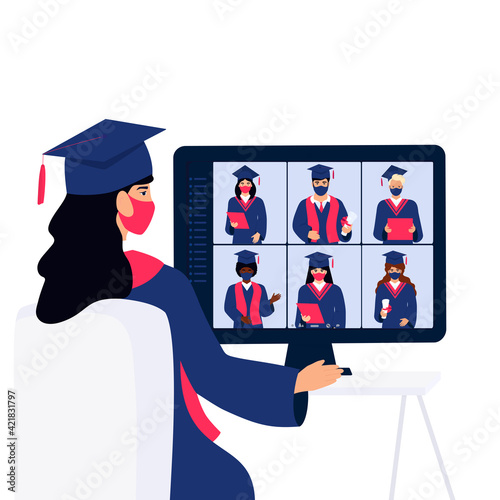 A Virtual Graduation Ceremony for Online Distance Students. Graduates in protective masks celebrate during coronavirus quarantine. A girl in gown and mortarboard sits in front of a computer monitor.
