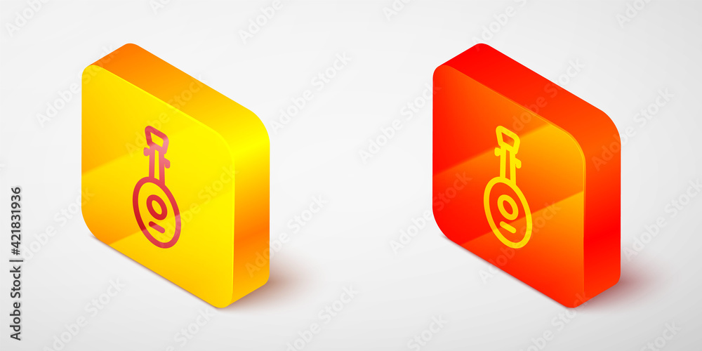 Isometric line Musical instrument lute icon isolated on grey background. Arabic, Oriental, Greek music instrument. Yellow and orange square button. Vector Isometric line Musical instrument lute icon isolated on grey background. Arabic, Oriental, Greek music instrument. Yellow and orange square button. Vector