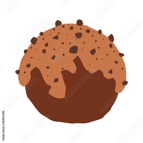 Round chocolate candy with caramel icing and sprinkled with chocolate chips.  Vector illustration isolated on white background.