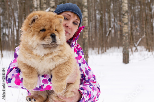 A Woman in winter in the park with a beautiful fluffy dog Chow chow © Alexander