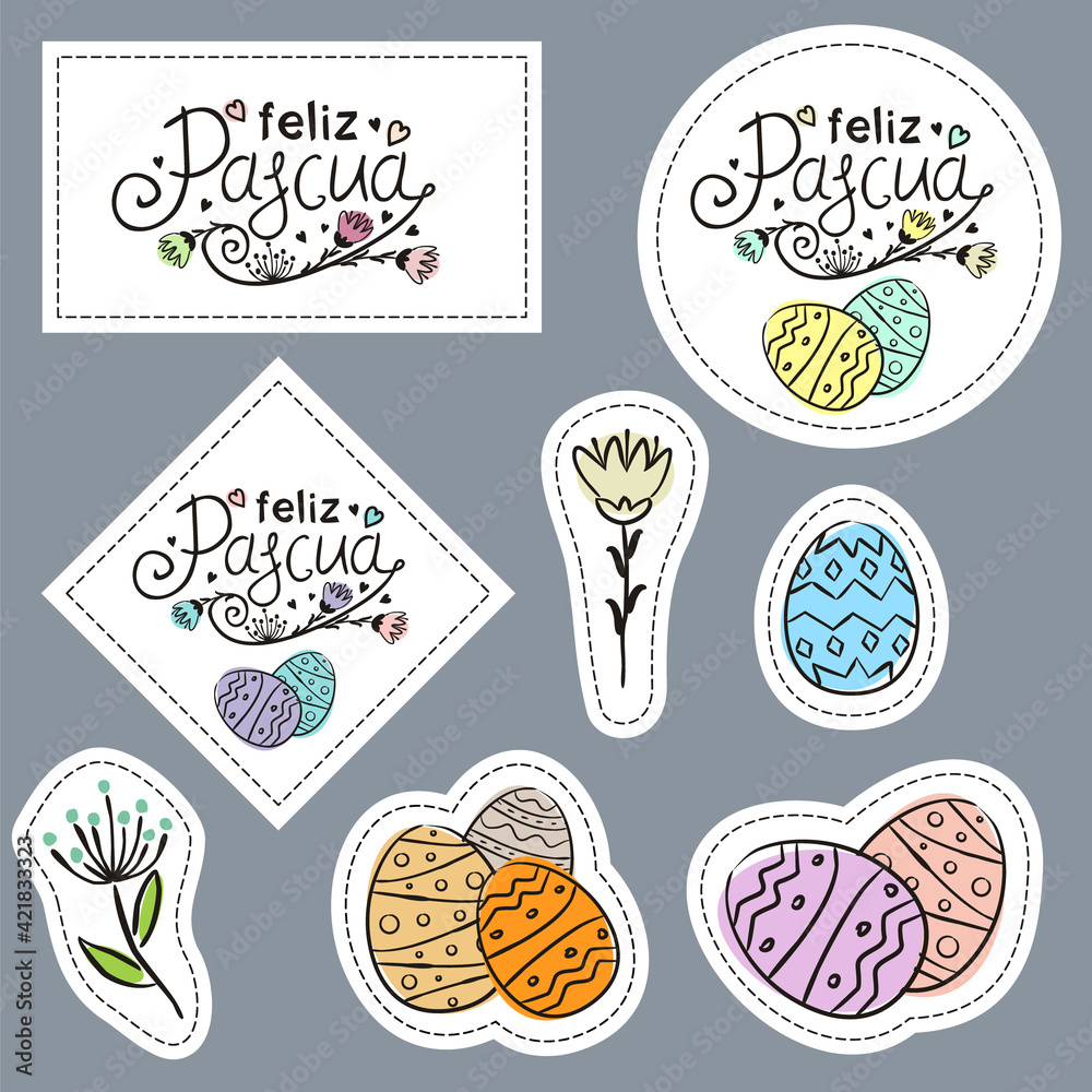 Spanish Happy Easter. Set of hand drawn stickers with typography, flowers and painted eggs. Vector illustration for Spain. Translation: Happy Easter
