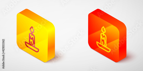 Free Download Isometric line Burning candle icon isolated on grey background. Cylindrical candle stick with burning flame. Yellow and orange square button. Vector - GFXLoad