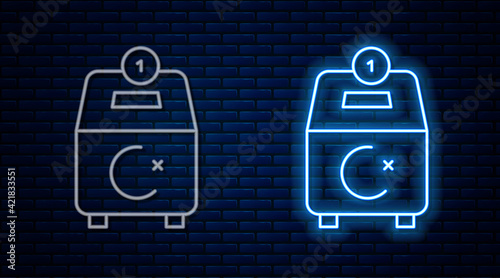Glowing neon line Donate or pay your zakat as muslim obligatory icon isolated on brick wall background. Muslim charity or alms in ramadan kareem before eid al-fir. Vector
