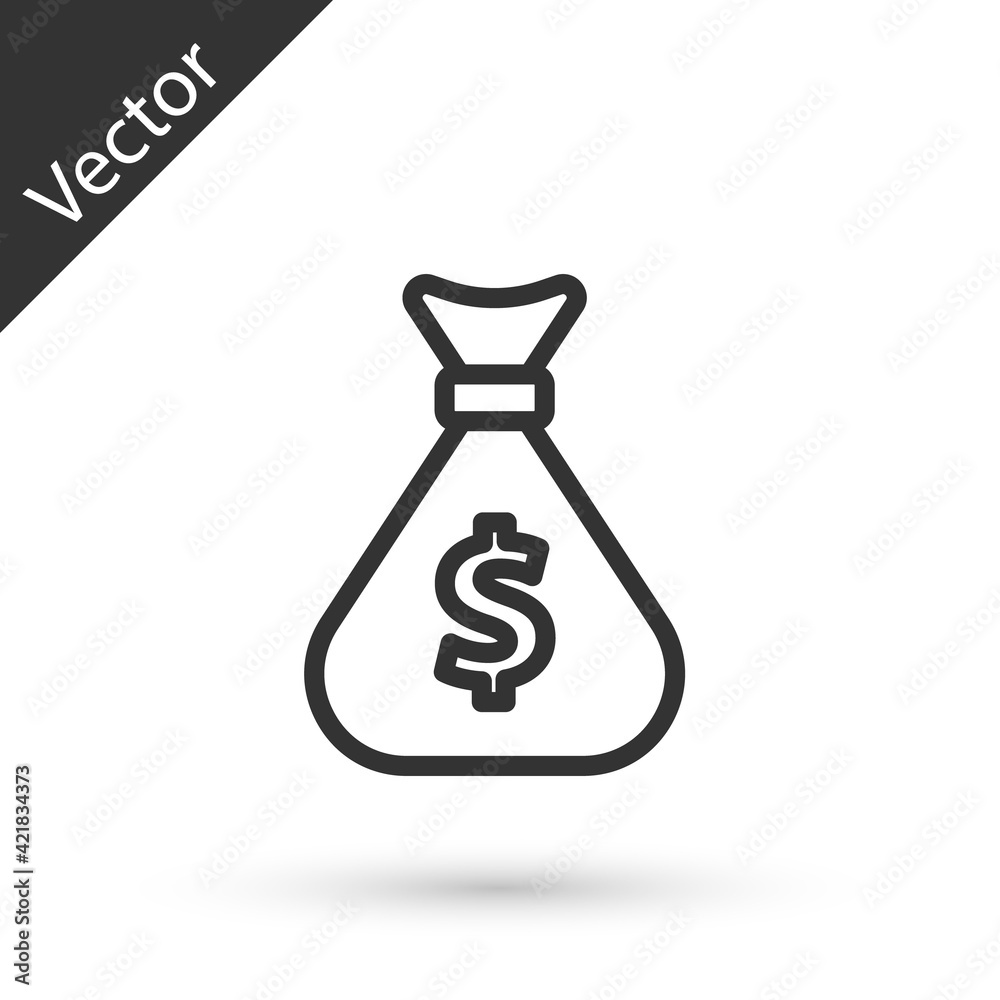 Grey line Money bag icon isolated on white background. Dollar or USD symbol. Cash Banking currency sign. Vector Grey line Money bag icon isolated on white background. Dollar or USD symbol. Cash Banking currency sign. Vector