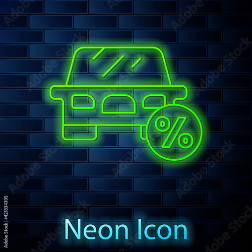 Glowing neon line Car leasing percent icon isolated on brick wall background. Credit percentage symbol. Vector