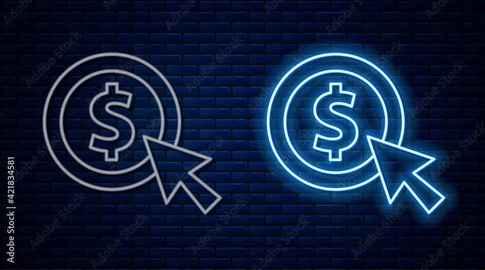 Glowing neon line Coin money with dollar symbol icon isolated on brick wall background. Banking currency sign. Cash symbol. Vector Glowing neon line Coin money with dollar symbol icon isolated on brick wall background. Banking currency sign. Cash symbol. Vector