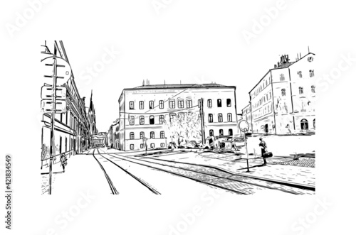 Building view with landmark of Olomouc is the 
city in the Czech Republic. Hand drawn sketch illustration in vector.