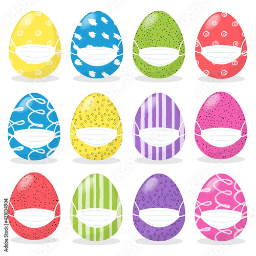 Happy Easter concept with cartoon colored eggs set in medical protective face mask For Avoid Coronavirus, Stay Home And Stay Safe. Easter celebration during the coronavirus pandemic. Flat illustration