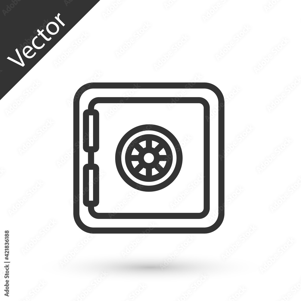 Grey line Safe icon isolated on white background. The door safe a bank vault with a combination lock. Reliable Data Protection. Vector Grey line Safe icon isolated on white background. The door safe a bank vault with a combination lock. Reliable Data Protection. Vector