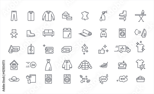 Laundry wash and clean service thin icons vector set
