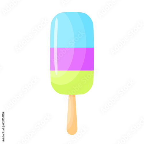 Vector illustration of tricolor ice cream. Ice cream on a stick in a cartoon style. Isolated on a white background. Summer food