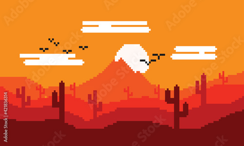 pixel art image of desert, hot atmosphere in the afternoon and there is a shadow of orange cactus tree