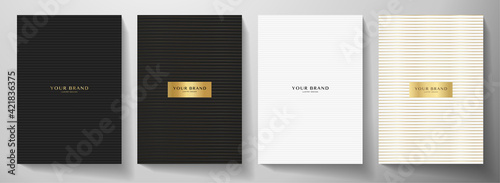 Modern black, white cover design set. Creative abstract with horizontal line pattern (stripe texture) on background. Premium vector collection for business brochure, catalog template, booklet layout