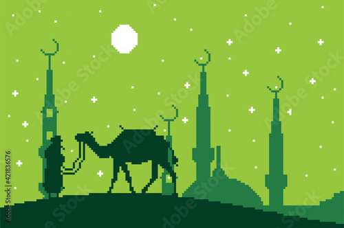 Pixel art with the theme of the month of Ramadan, Muslim tradition. there is a shadow of a camel and a man under the sky