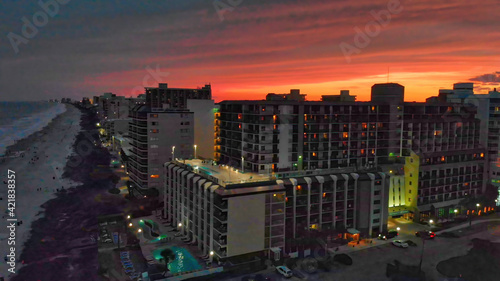 Aerial view of Myrtle Beach skyline during sunset from drone point of view  South Carolina