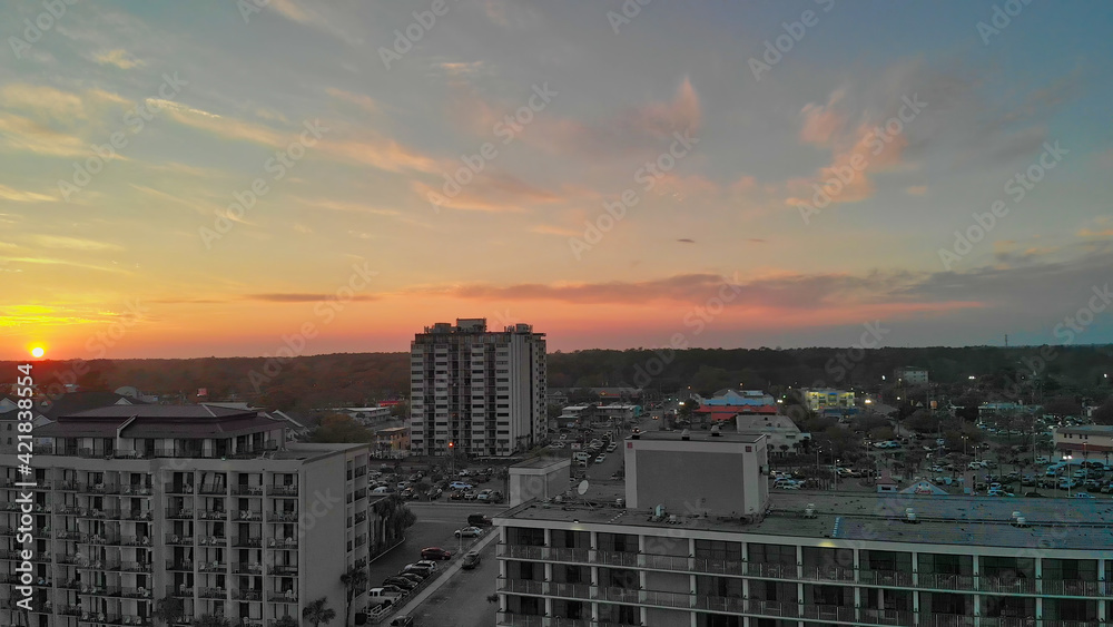 Aerial view of Myrtle Beach skyline at sunset from drone point of view, South Carolina