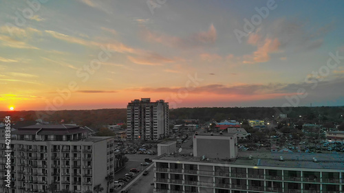Aerial view of Myrtle Beach skyline at sunset from drone point of view  South Carolina