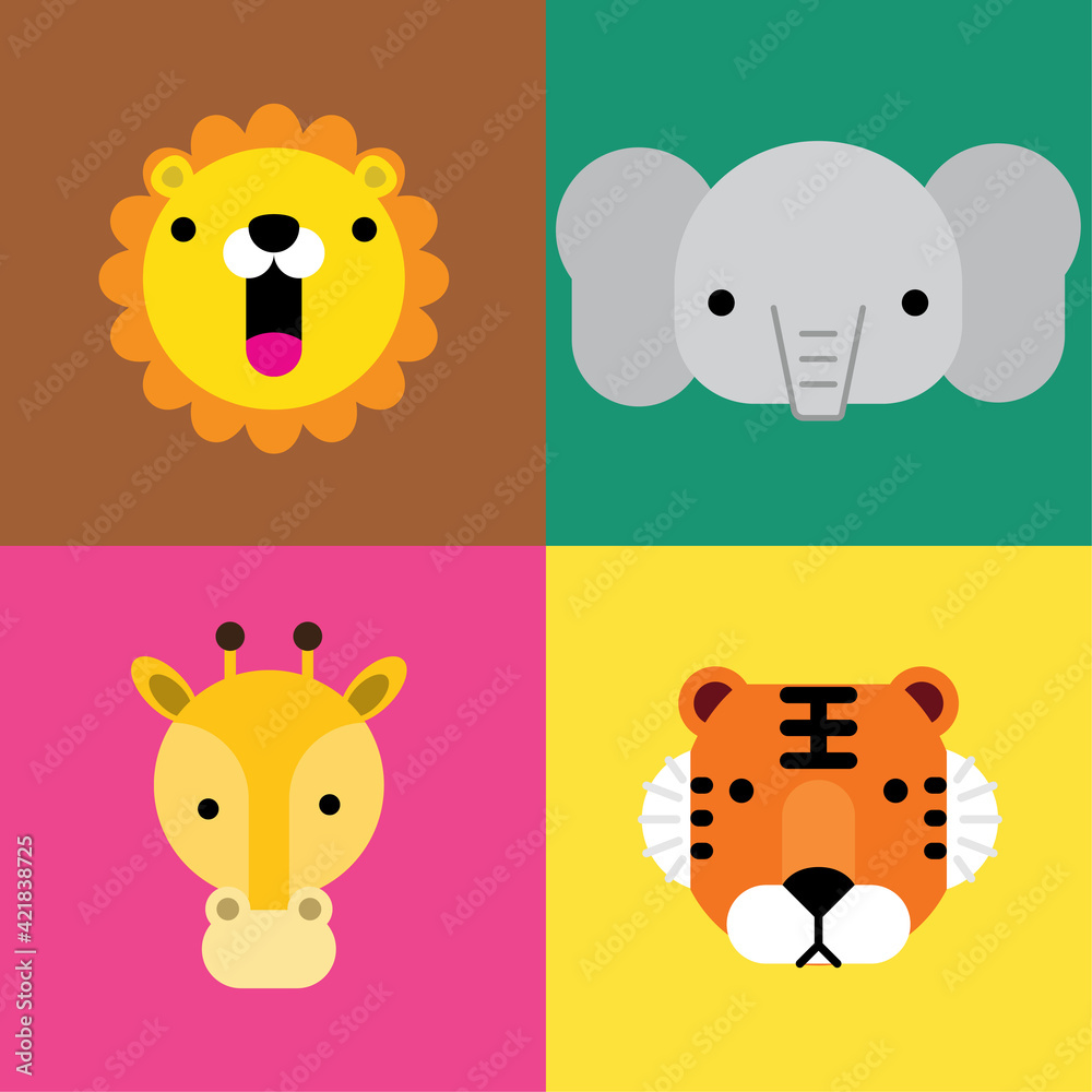Cute lion face, tiger faced, elephant face, giraffe face . Little in cartoon style. Vector illustration Cute lion face, tiger faced, elephant face, giraffe face . Little in cartoon style. Vector illustration
