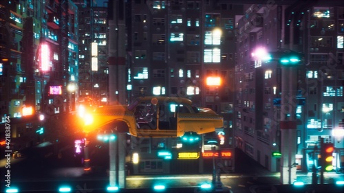 Obraz na plátně Flying cars driven by robots rush along the night street of a futuristic city