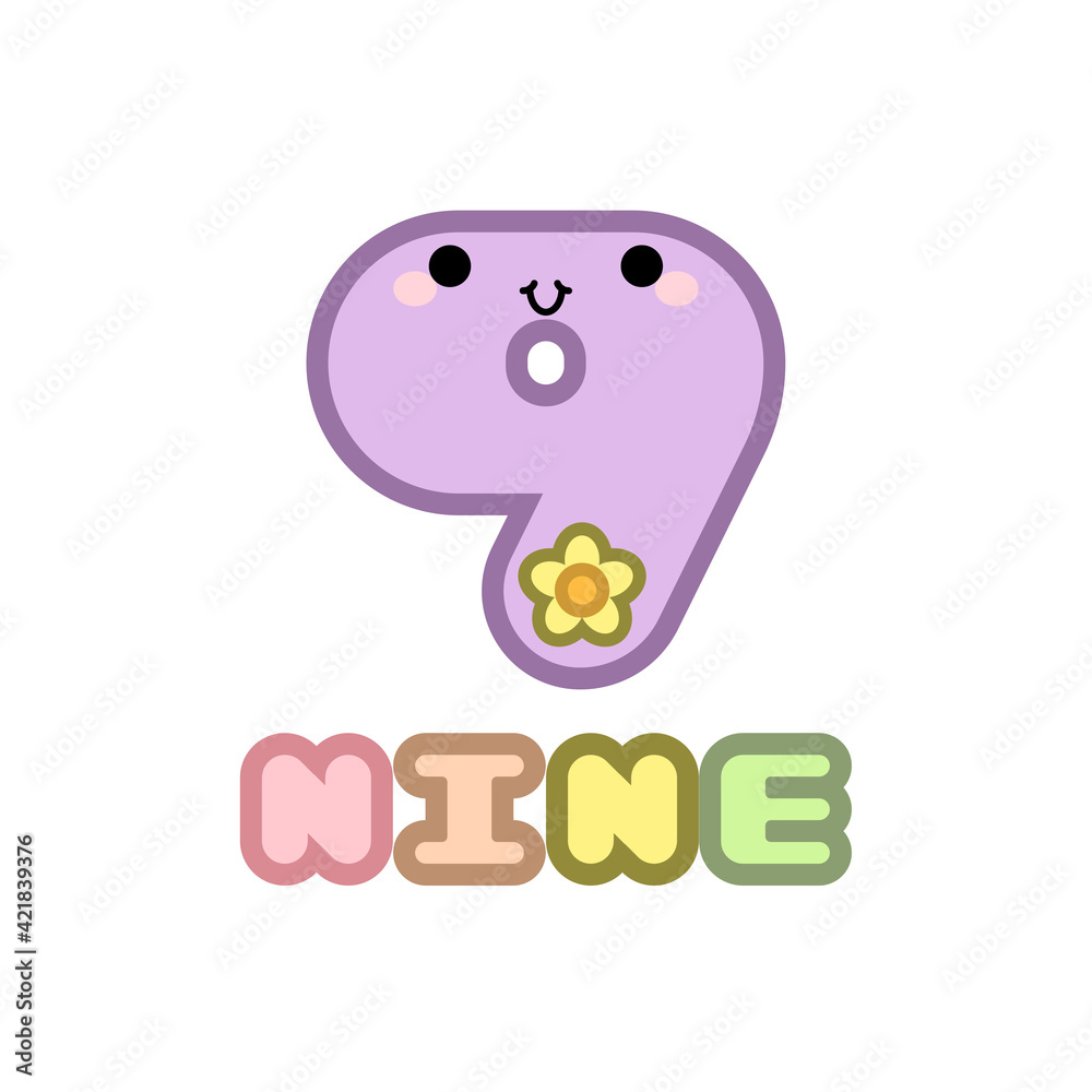 Obraz premium Cute cartoon number 9 smiling face with eyes and mouth isolated on white background. Vector illustration.