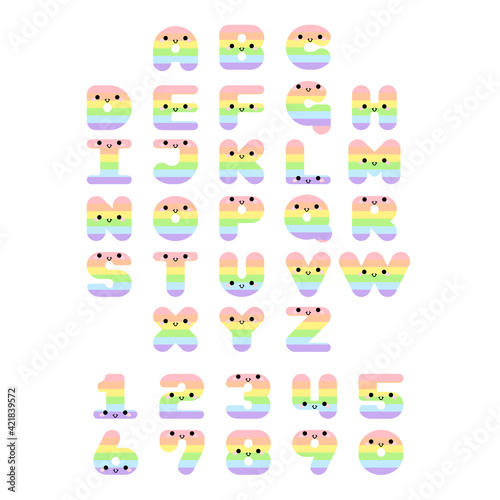 Fototapeta Naklejka Na Ścianę i Meble -  Rainbow alphabet set smiling face with eyes and mouth on pink background. Colorful ABC design for book cover, poster, card, print on baby's clothes, pillow etc. Vector illustration.
