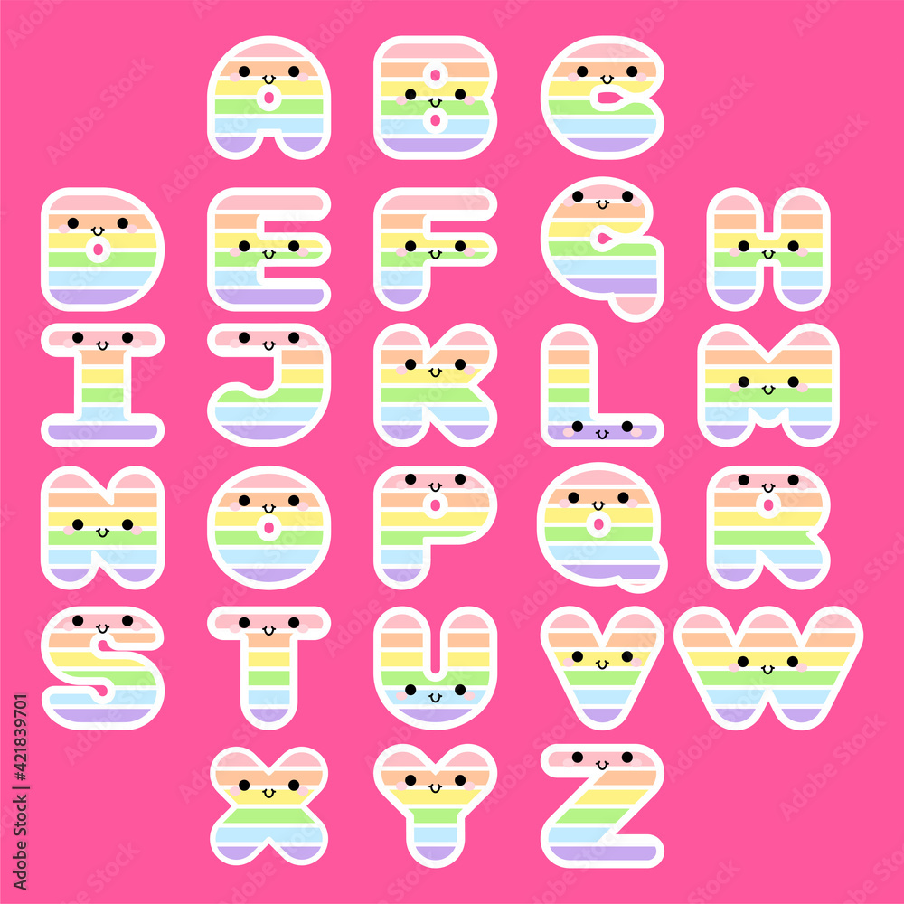 Rainbow alphabet set smiling face with eyes and mouth on pink background. Colorful ABC design for book cover, poster, card, print on baby's clothes, pillow etc. Vector illustration. Rainbow alphabet set smiling face with eyes and mouth on pink background. Colorful ABC design for book cover, poster, card, print on baby's clothes, pillow etc. Vector illustration.