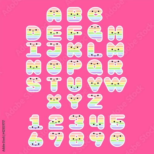 Rainbow alphabet set smiling face with eyes and mouth on pink background. Colorful ABC design for book cover  poster  card  print on baby s clothes  pillow etc. Vector illustration.