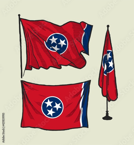 Flag of Tennessee on the wind and on the wall hand drawn vector illustration set
