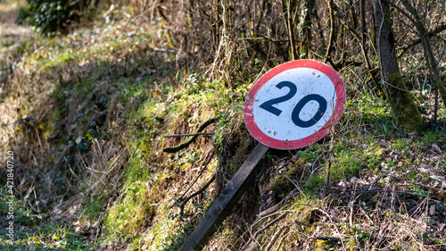 Fallen 20mph speed limit sign laying in a ditch	
 photo