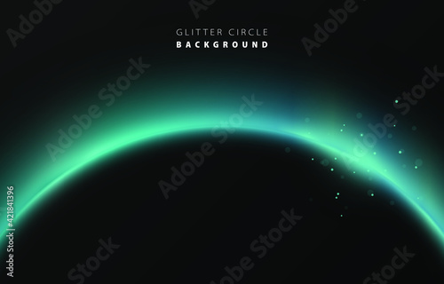 Glitter blue neon circle ring frame & sparkle flash light star shimmer vector on black background, shiny glowing tiffany blue metal round line planet curve, futuristic web, poster, card print template