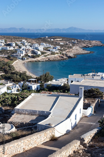 Donousa island panoramic view, sunny day at Stavros village. Aegean sea, Dodecanese Islands, Greece 